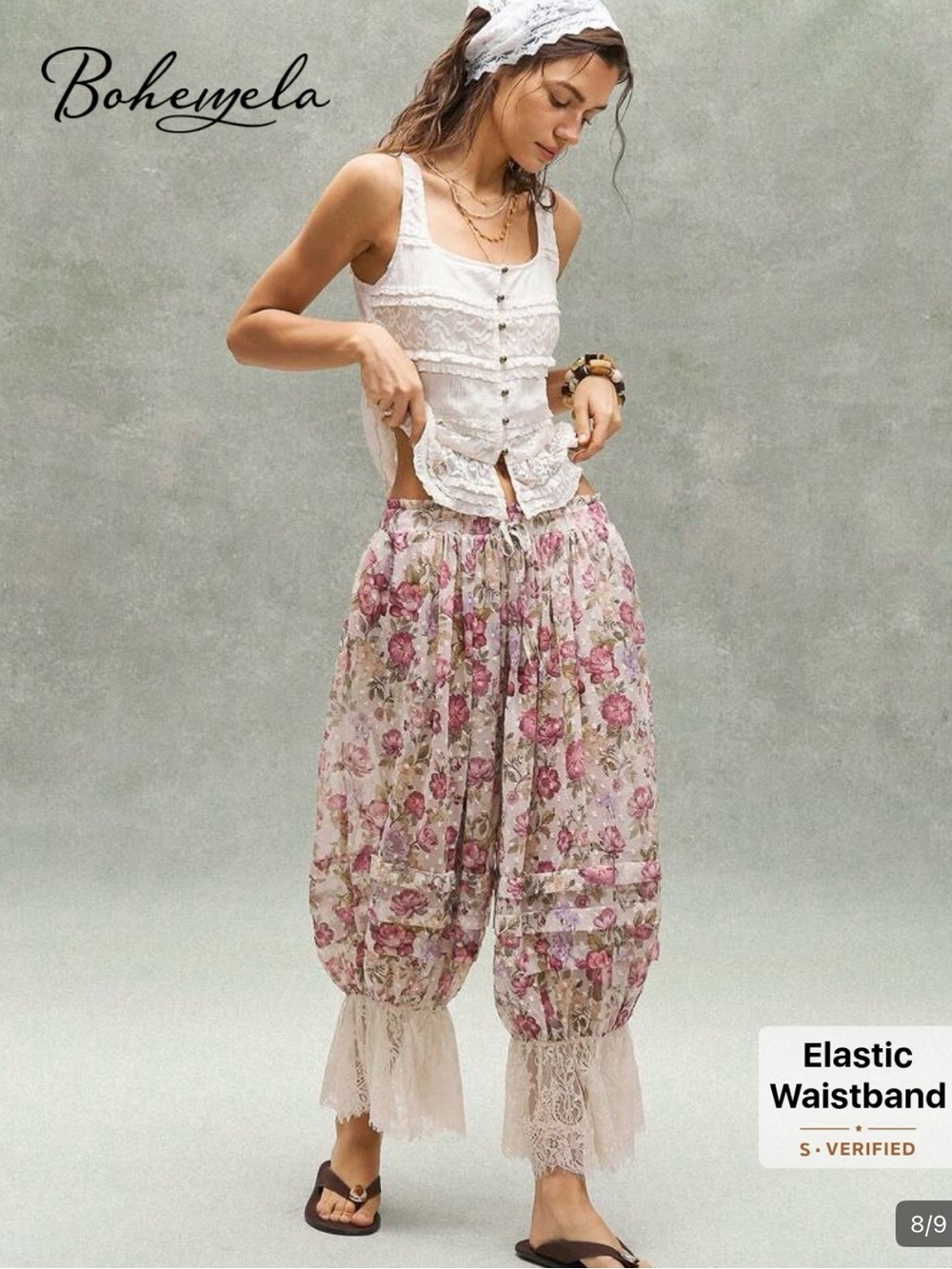 NWOT Bohemian Wide-Leg Lace Hem Harem Pants - Pink and Cream Floral, Large